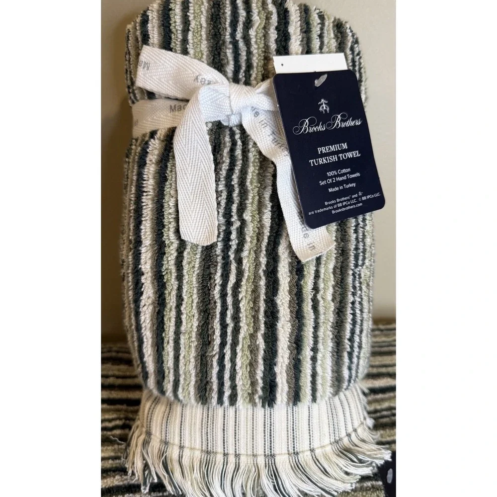 Brooks Brothers 2 Bath‎ 2 Hand 2 Tip Towel Set Green Multicolored Stripes Soft